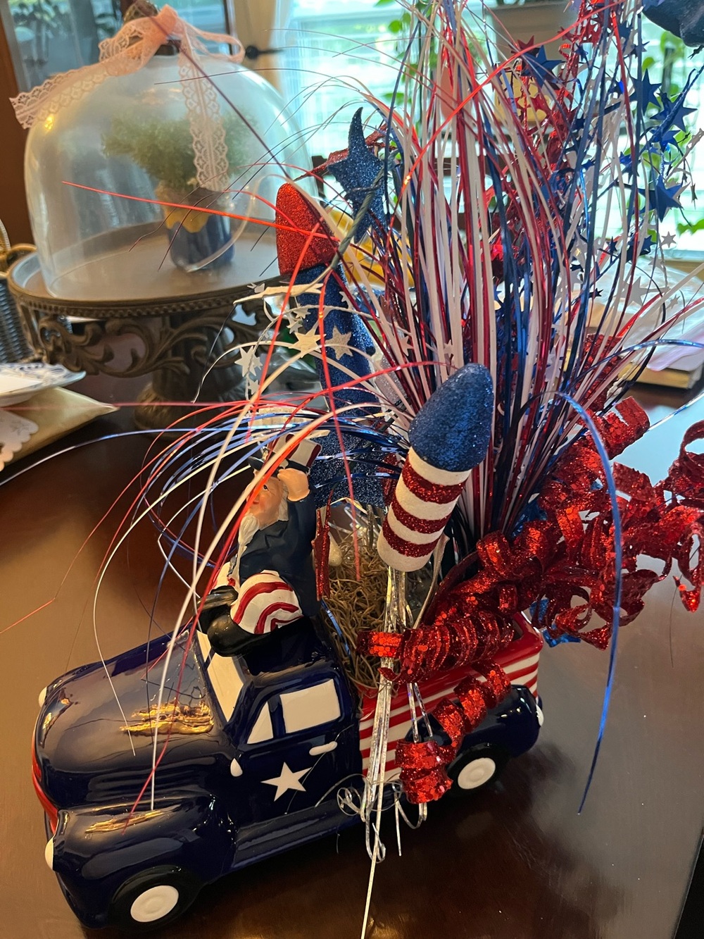 Patriotic Blue Ceramic Truck Centerpiece with Stars